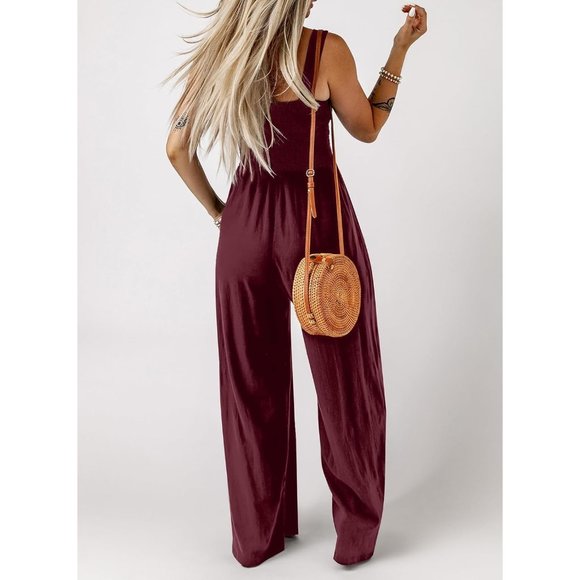 Women's Burgundy One Piece Sleeveless Wide Leg Long Pant Rompers With Pockets - Picture 5 of 6